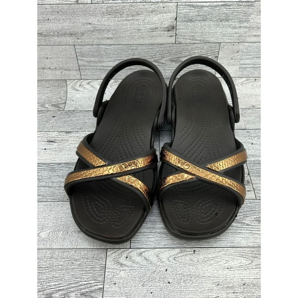 Crocs Swiftwater Espresso Bronze‎ Metallic Snake Strappy Sandals Woman 8 205745